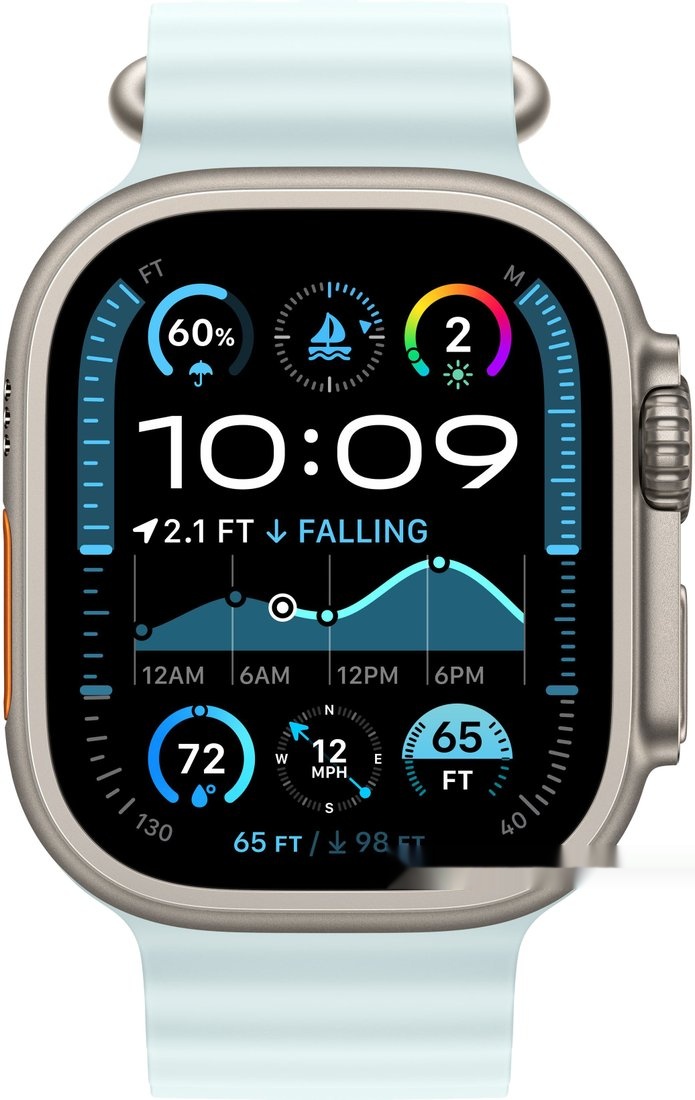 Умные часы Apple Watch Ultra 2 LTE 49 мм (титановый корпус титановый/светло-голубой ремешок из эластомера) 