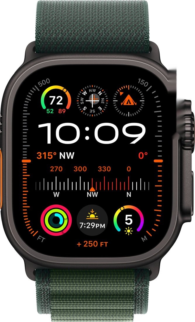 Умные часы Apple Watch Ultra 2 LTE 49 мм (титановый корпус черный/темно-зеленый ремешок из полиэстера) 