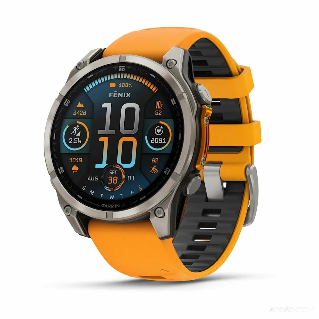 Умные часы Garmin Fenix 8 Sapphire, Titanium 47мм (светло-серый, оранжевый силиконовый ремешок) 