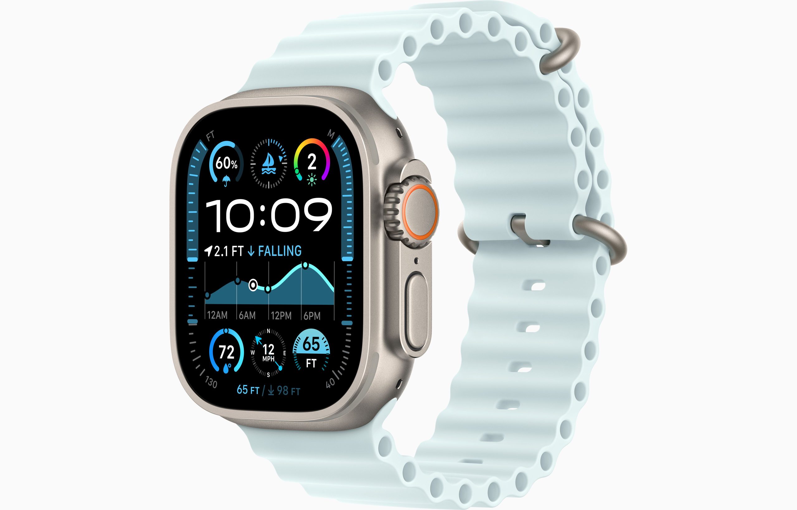 Умные часы Apple Watch Ultra 2 LTE 49 мм (титановый корпус титановый/светло-голубой ремешок из эластомера) 